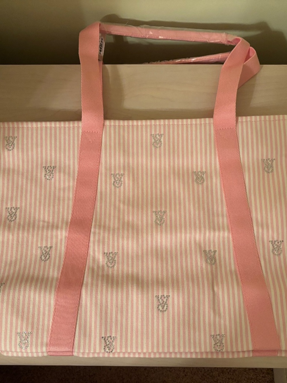 New Victoria’s Secret Pink Stripe Tote Bag w/ Rhinestone Logo